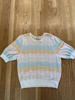 LOFT White Open-Weave Short Sleeve Sweater with Pastel Stripes